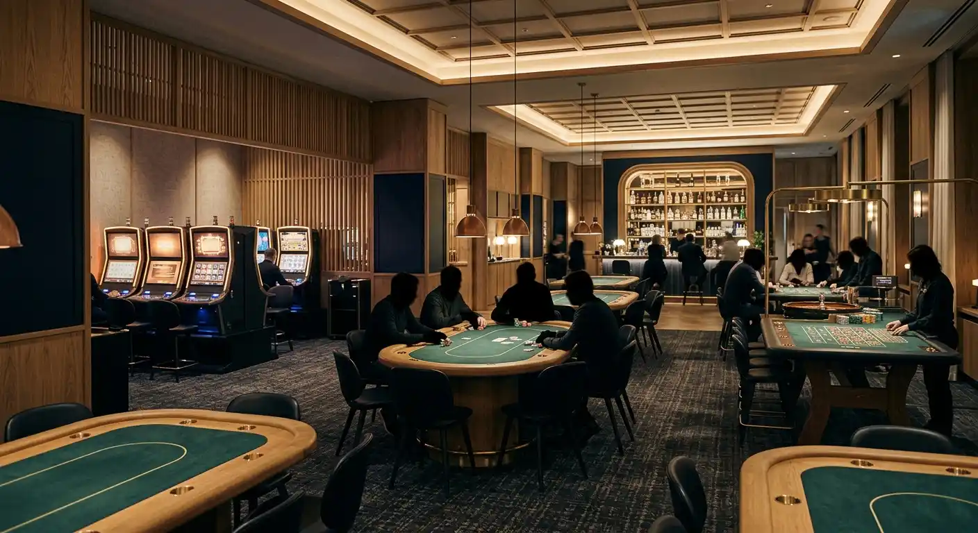 Illustration af et fysisk kasino med pokerbord, roulette og spilleautomater