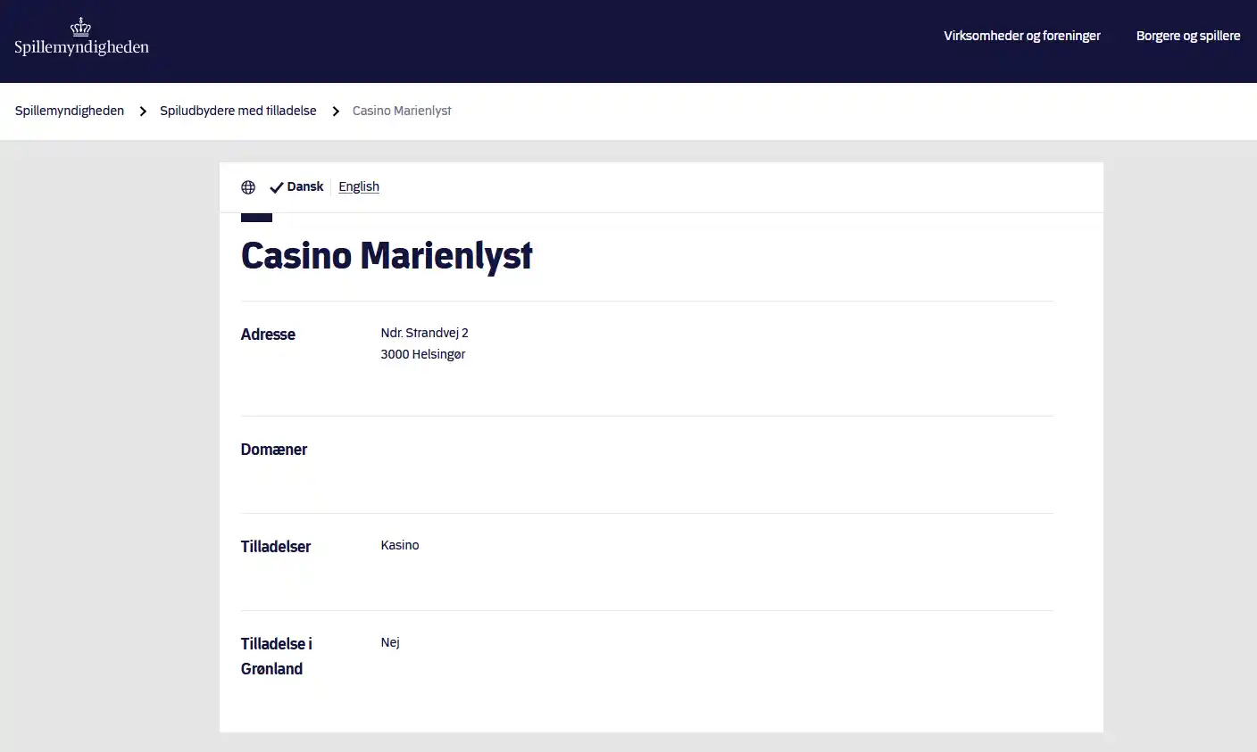 Spillemyndighedens registerpost for Casino Marienlyst